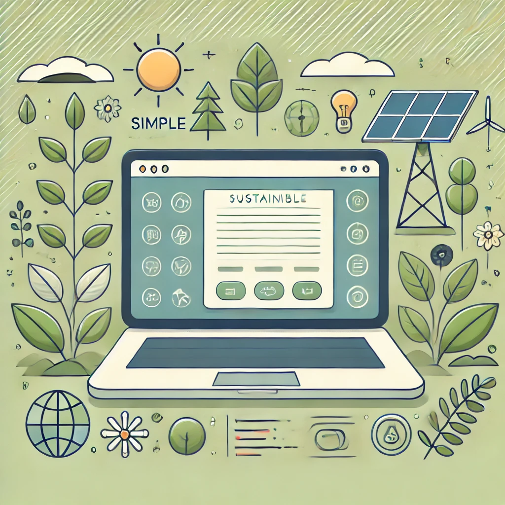 Illustration eines nachhaltigen Webdesigns, das Natur und Technologie kombiniert, um den CO₂-Fußabdruck von Webseiten zu reduzieren.